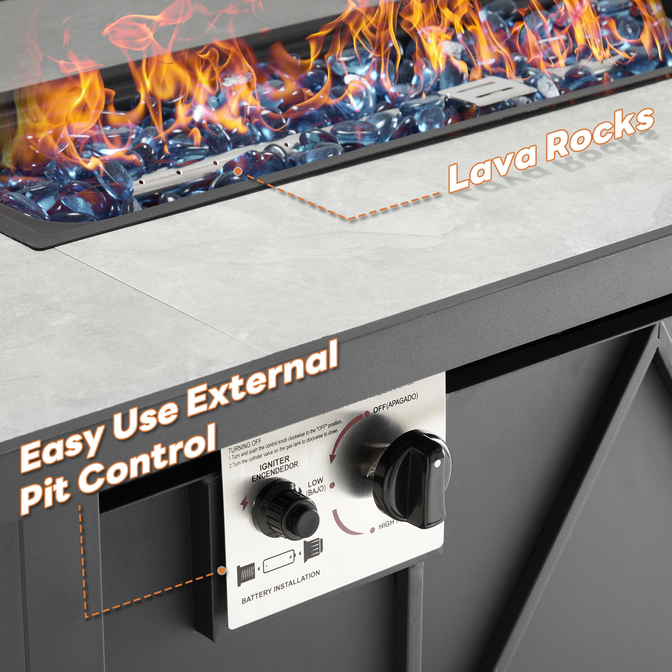 edx 43" Propane Fire Pit Table with Lid & Blue Glass Rock, 50,000 BTU Outdoor Rectangular Steel Gas Fire Pit with Waterproof Cover for Patio, Backyard and Deck, Black