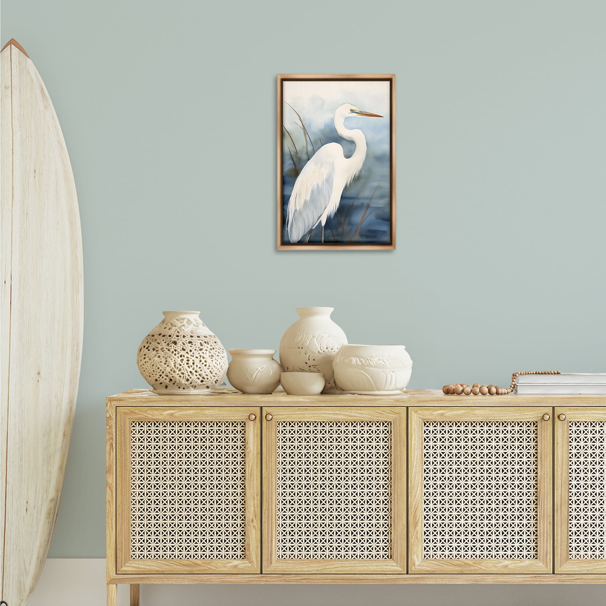 Stupell Industries Soft Egret Impression Animals & Insects Painting Brown Floater Framed Canvas Art Print Wall Art, 17 x 25