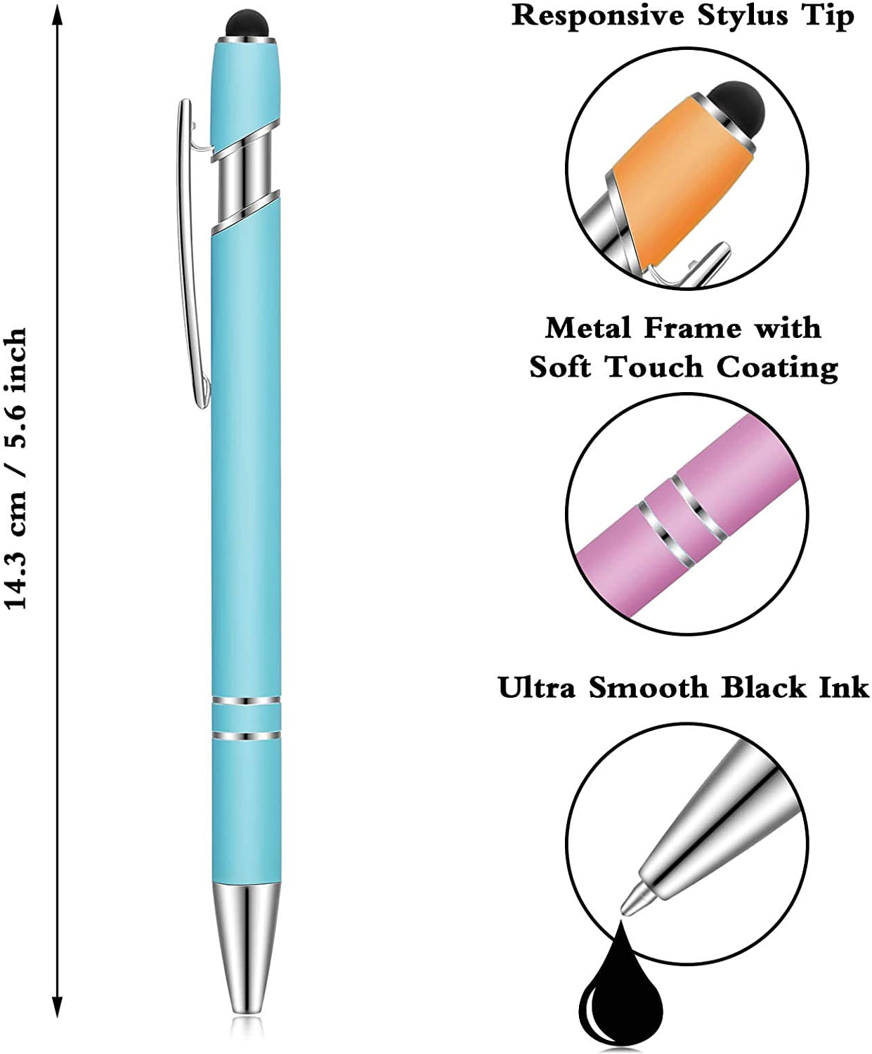 Cute Pens Office Supplies for Women&Men. 1.0 mm Black Ink Metal Pen with Bonus 10pcs Ballpoint Pen Refills 10pcs Ballpoint Pen with Stylus Tip 2 in 1 Stylus Ballpoint Pen for Touch Screens