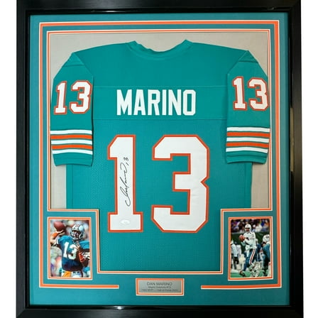 Framed Autographed/Signed Dan Marino 35x39 Miami Teal Football Jersey JSA COA