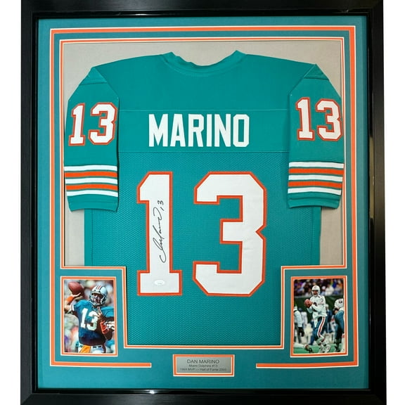 Framed Autographed/Signed Dan Marino 35x39 Miami Teal Football Jersey JSA COA