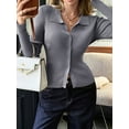 thumbnail image 4 of Women Long Sleeve Button Down Ribbed Knit Cardigan Shirt Casual Slim Fit Collared Sweater Top Dark Grey L, 4 of 8