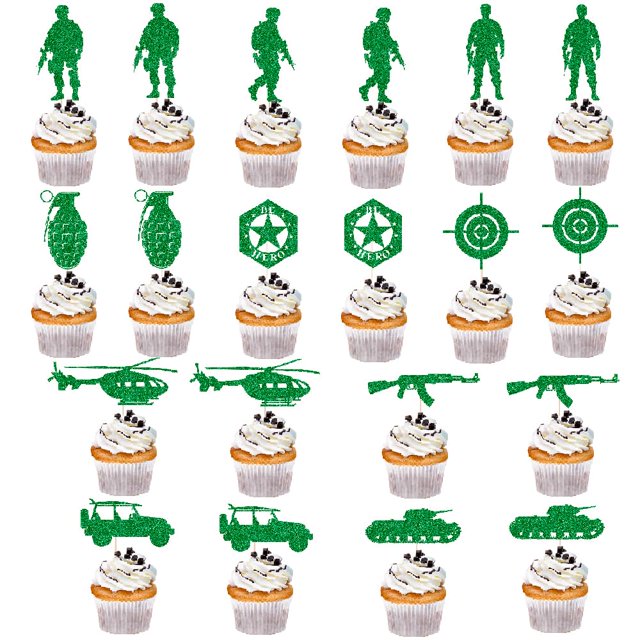 Topers para cupcakes Qertesl de temática militar, verdes, 20 piezas