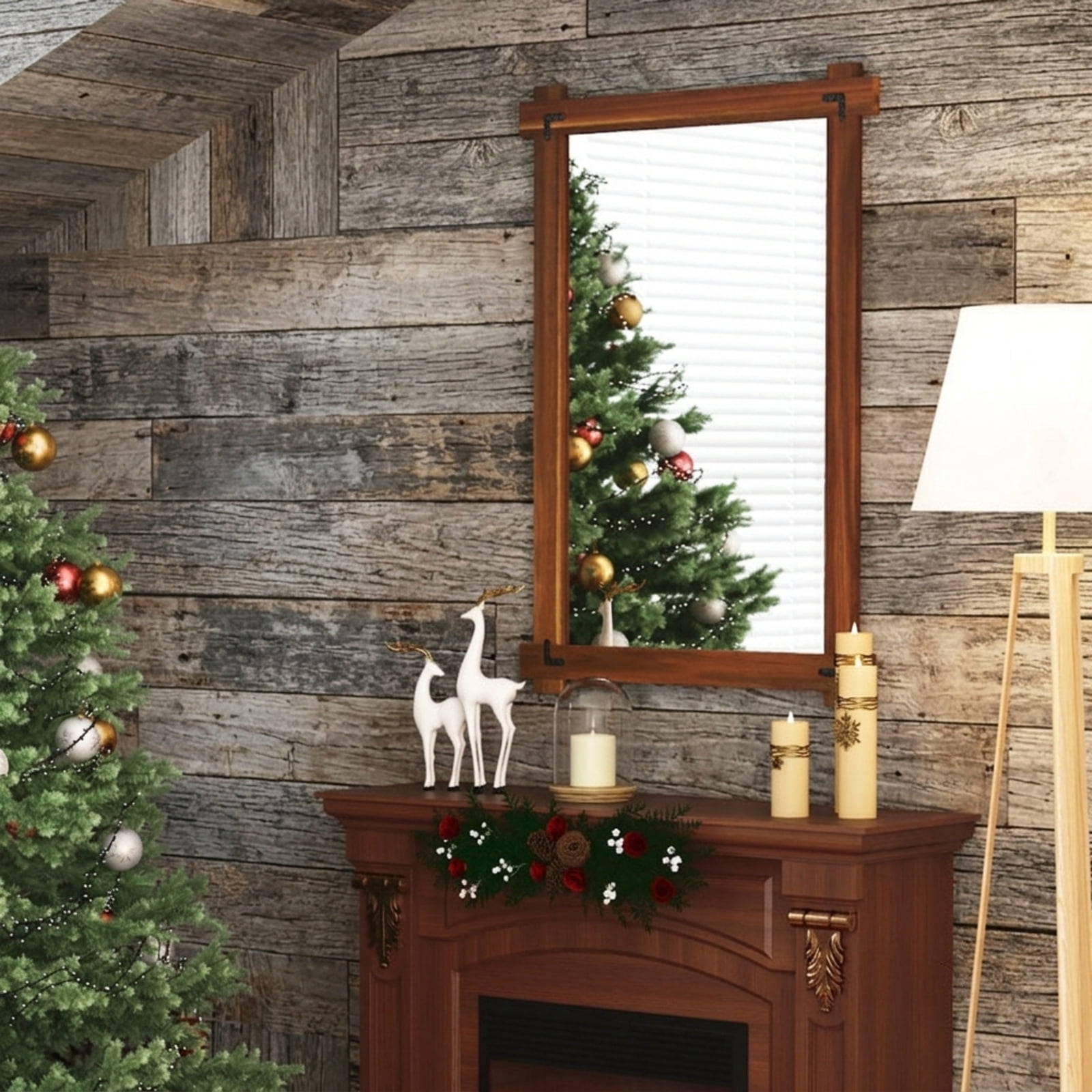 Vebreda 40" x 28.5" Wood Framed Wall Mirror with Acacia Wood Frame, Shatterproof HD Glass and Vintage Rivet Design, Brown