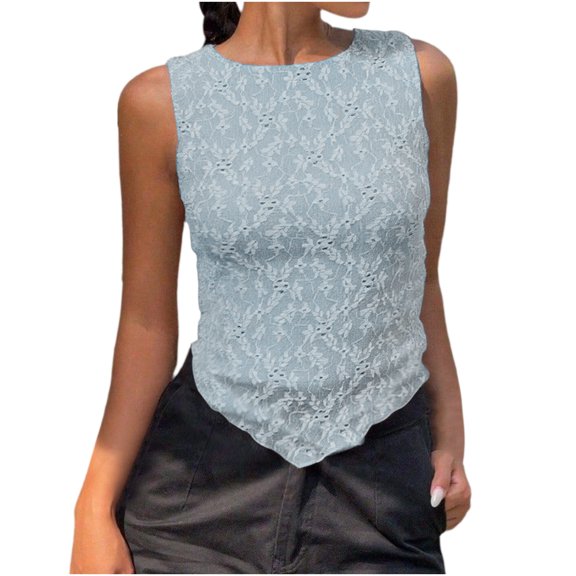 GUACER Womens Sleeveless Lace Tank Top, Crew Neck Floral Crochet Ruffled Hem, Breathable Casual Summer Blouses