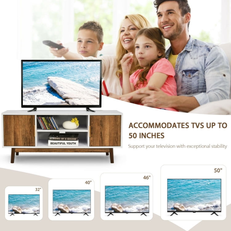 Finihen TV Stand, TV Cabinet, 2 Door TV Stand with 2 Cabinets and Open Shelves for TVs Up to 50 Inch TV, Media Entertainment Center with Storage, for Living Room, Bedroom, White & Rustic Oak