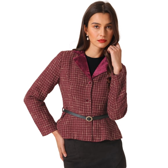 Blazer de tweed vintage Allegra K para mujer con cuello con muescas a cuadros con cinturón Vino rojo XS
