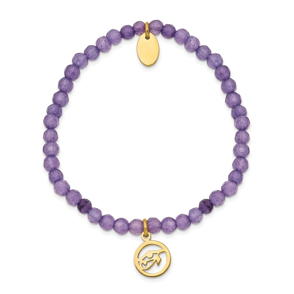 Auriga Mother's Day Gift Stainless Steel Yellow IP-plated Eye of Horus 4mm Purple Jade Beaded Stretch Bracelet for Women