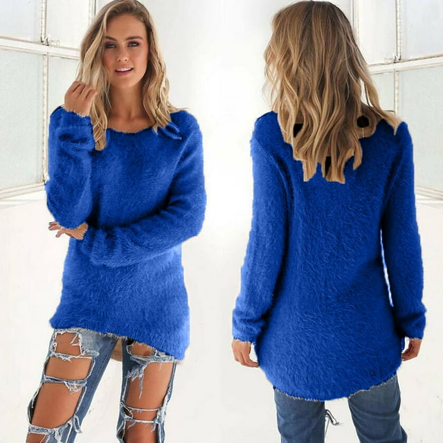 Jsaierl Chandails d'Hiver Chauds pour Femmes Tendance Doux Couleur Unie Chandails Décontractés Confortables à Manches Longues Col Rond