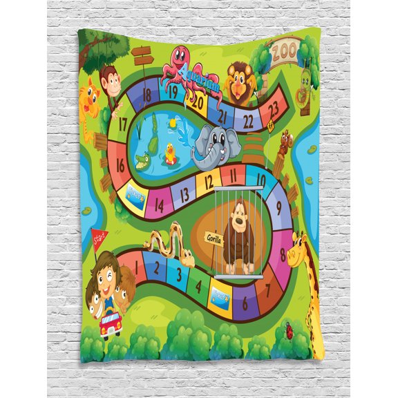 Kid's Activity Tapestry, A Day in a Zoo Themed Cartoon Style Children and Exotic Animals Gorilla Lion, Wall Hanging for Bedroom Living Room Dorm Decor, 60W X 80L Inches, Multicolor, by Ambesonne
