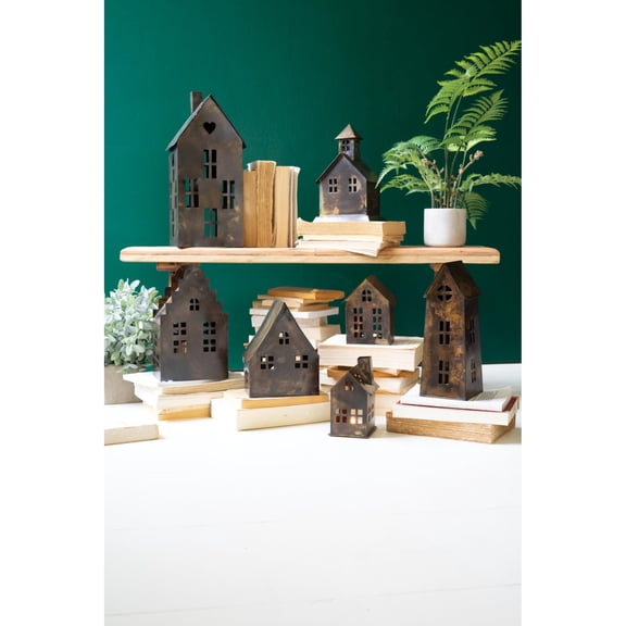 SET OF SEVEN ANTIQUE BROWN METAL VILLAGE