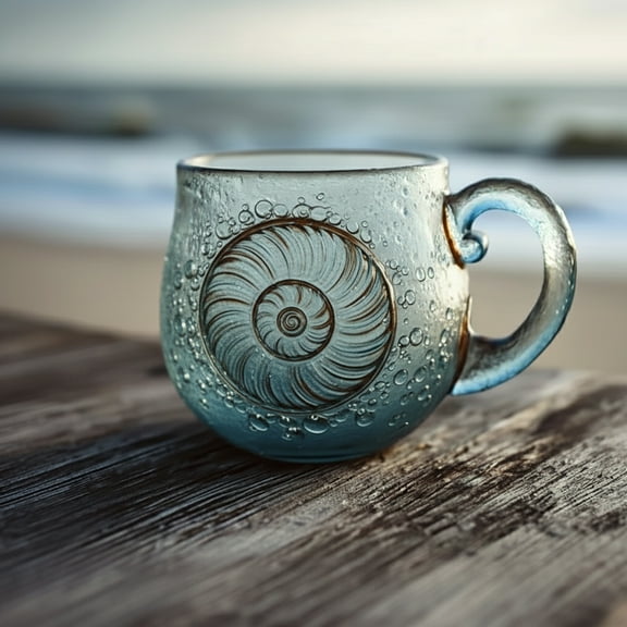 HomeKingdee Ocean-Inspired Artisan Glass Mugs, uniquely textured and beach-themed, hand-blown wave glass. Handcrafted ocean-inspired drinkware