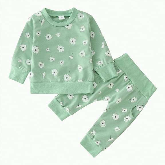 Hessimy Kids Girls Outfits Cute Printed Hoodies Wide Leg Pants Two-Piece Set Loungewear Thin Sweatsuits Kids Girls Clothes Toddler Girl Outfits (Green,12-18 Months)