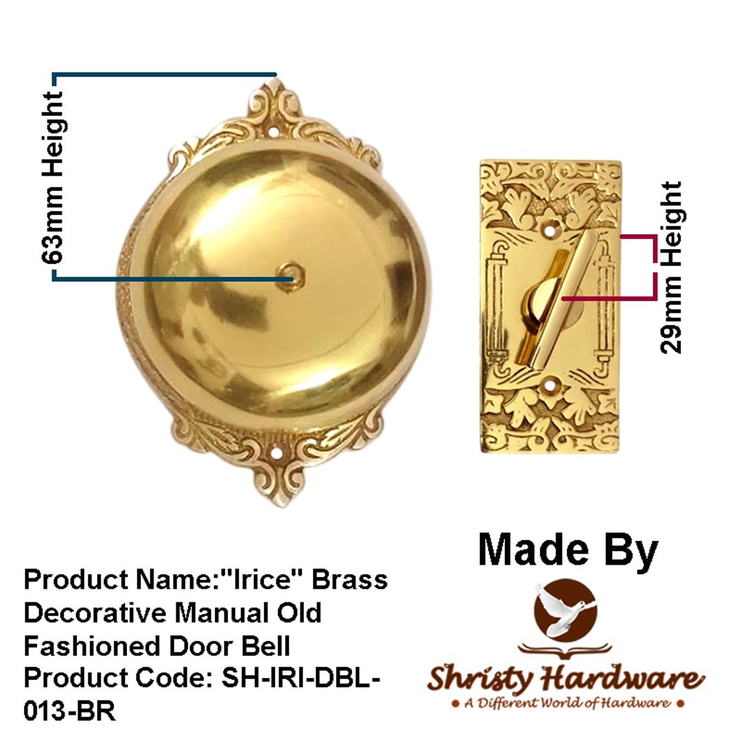 Shristy Hardware "Irice" Brass Manual Old Fashioned Door Bell – Vintage Twist Bell with Key Plate – Mechanical Doorbell for Home – PT-2 (Pack of 1 Polished Lacquered Finish)
