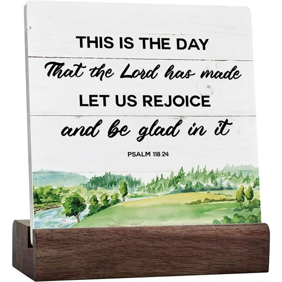 Ceramic Sign 4x4 Inch Psalm This Is The Day That The Lord Has Made Plaque Sign with Wood Stand Decor Tabletop Inspirational Home Desk Decor Landscape Aesthetic Farmhouse Decor Living Room Decor