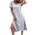thumbnail image 2 of Solid Color Women V Neck Short Sleeved Casual Side Slit Dress, 2 of 4