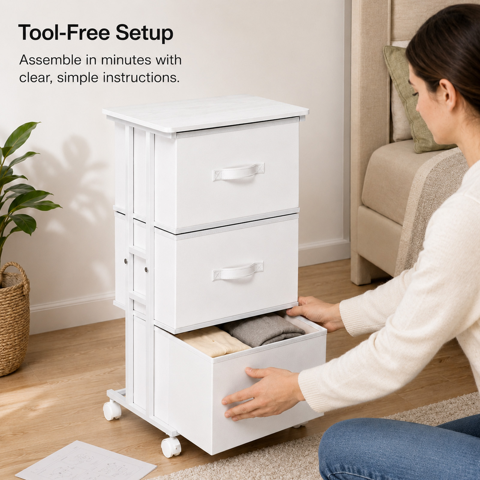 Alvantor Fabric Dresser 3 Drawer Storage Chest, Rolling Storage Tower, Vertical Storage Unit for Bedroom, Closet, Office