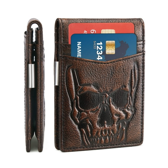 FeiYen Men Minimalist Skull Bifold Leather Wallet - RFID Blocking Front Pocket Money Clip
