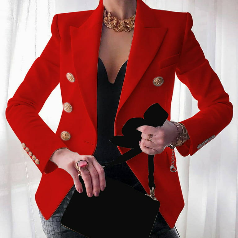 Unique Bargains Women's Elegant Vevelt Collared Tweed Blazer Jacket Coat L  Red 