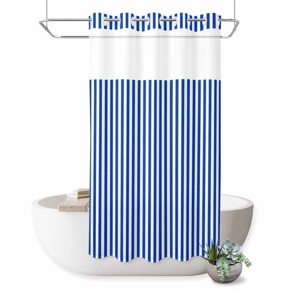 No Hook Shower Curtain, Navy Blue Stripe Shower Curtains for Bathroom with See Through Top Window, Modern White Vertical Striped Geometric Waterproof & Washable Bath Curtain Small Stall 36"x78"