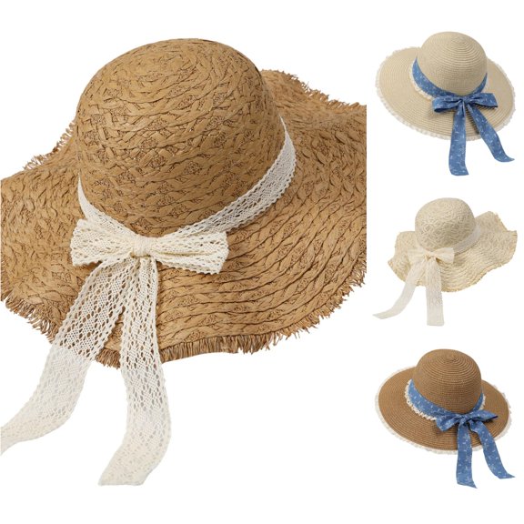 LIIPEE Sun Hats For Women Casual Summer Solid Color Wide Brim Bow Decoration Beach Hat Ladies Travel Outdoor Comfortable Woven Straw Headwear,One Size