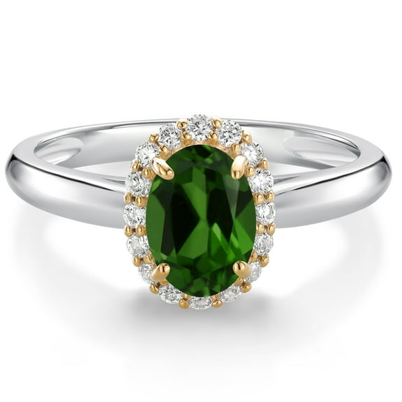 Gem Stone King 925 Sterling Silver and 10k Yellow Gold Green Chrome Diopside and White Lab Grown Diamond Halo Engagement Ring for Women (0.83 Cttw, Gemstone, Oval 7X5MM, Size 7)