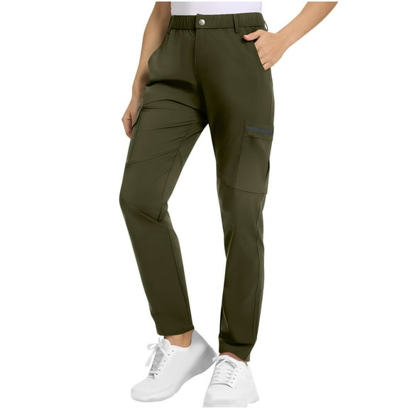 Cargo Pants Women Casual Full Length Elasticated Waist Fall Pants Solid Color Lightweight Quick Dry Walking Hiking Trousers with Pockets Outdoor Straight Fit Bottoms