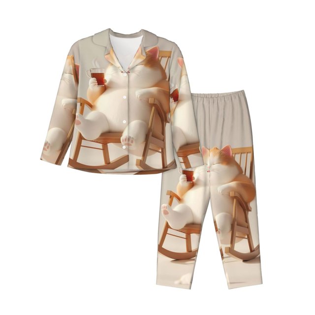 Balery Relaxing Cat With Tea Conjunto de Pijama con Estampado para Mujer, Conjunto de Dos Piezas con Manga Larga, Ropa de Dormir Suave con Bolsillos, Pijamas Cómodos-Small