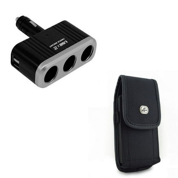 Black Rugged Canvas Phone Case w Car Charger Lighter Socket Splitter Triple Port Adapter Y1L Compatible With Google Pixel 3a XL