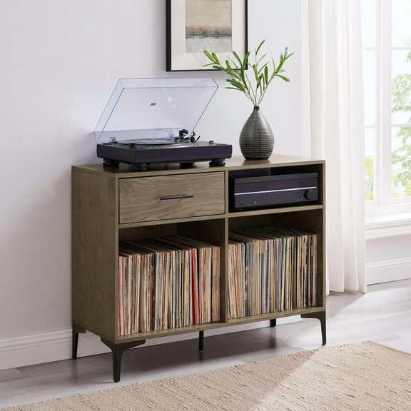 Record Storage Console - Media Cabinet with Shelves & Drawer - Vinyl Record Player Stand - 40" Wide