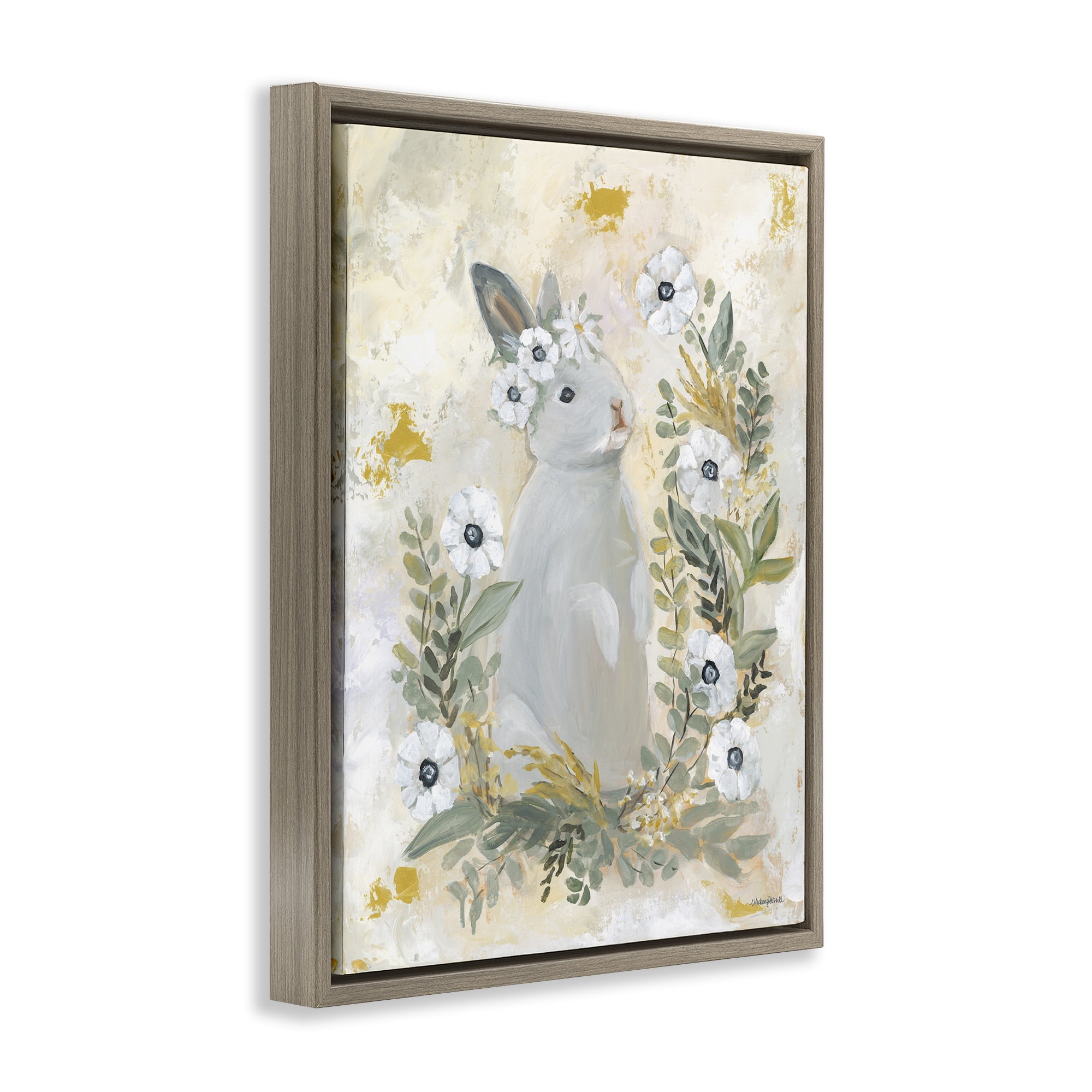 Bunny with White Blooms Brown Floating Frame Canvas Art, 17 x 21, Made In USA