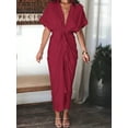 thumbnail image 7 of Krumba Women Button Down Dress: Summer Casual V - Neck Tie Waist Maxi – Comfort for Beach Party Wedding Outdoor Gatherings Burgundy Size S, 7 of 7