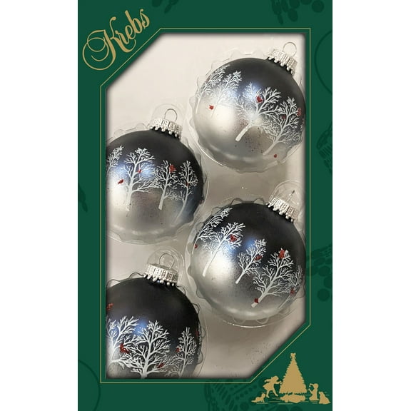 Glass Christmas Tree Ornaments - 67mm/2.63" [4 Pieces] Decorated Balls from Christmas by Krebs Seamless Hanging Holiday Decor (Midnight Haze & Silver w/ Trees & Cardinals)