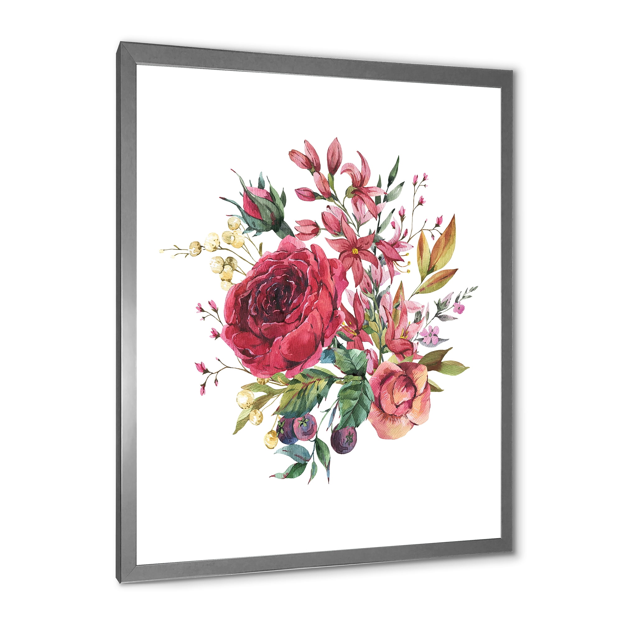 Designart 'Ancient Wildflowers and Burgundy Rose' Farmhouse Framed Art Print