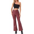 thumbnail image 2 of Pantalón Casual de Cuero Sintético Inspire Chic para Mujer, de Cintura Alta, Campana, Flare, Largo, PU, Color Burdeos, 2 of 6