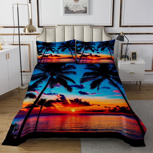 Erosebridal Tropical Palm Tree Coverlet Set King,Summer Beach Bedding Set,Ocean Decor,Ultra Soft,3 Pieces