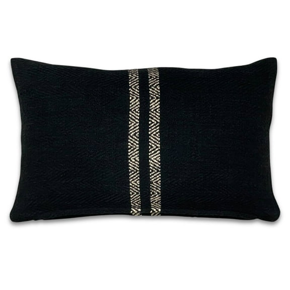 PILLOWPIA Hugh Lumbar Pillow Cover 12x20 - Slub Cotton Chevron Pattern on Both Sides, Black, Brass Zipper & Logo Pull, Signature Poppy Tape