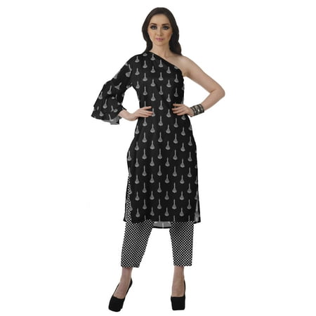 

Moomaya Womens Printed One Shoulder Double Bell Sleeve Kurti Pant Set Ethnic Clothing Sets For Women