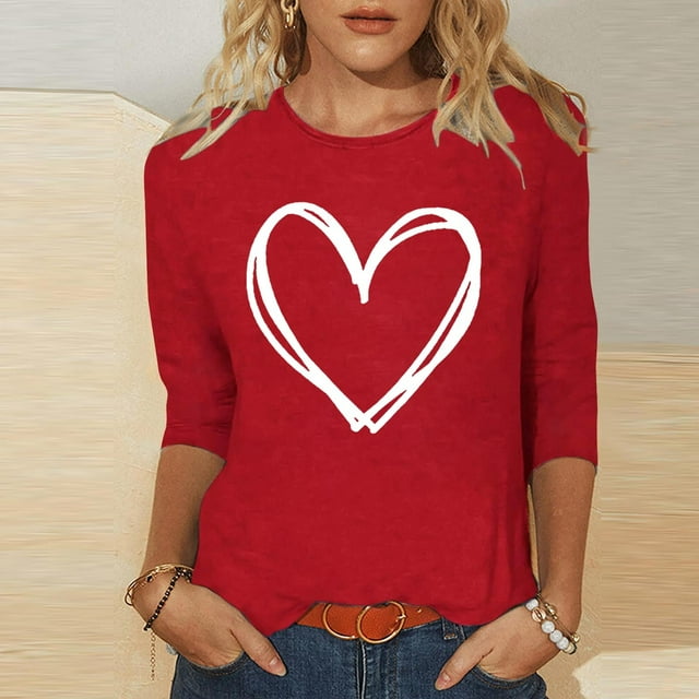 Ailaofu T-Shirts de la Saint-Valentin à Manches 3/4 Col Rond pour Femmes avec Imprimé Cœur Graphique