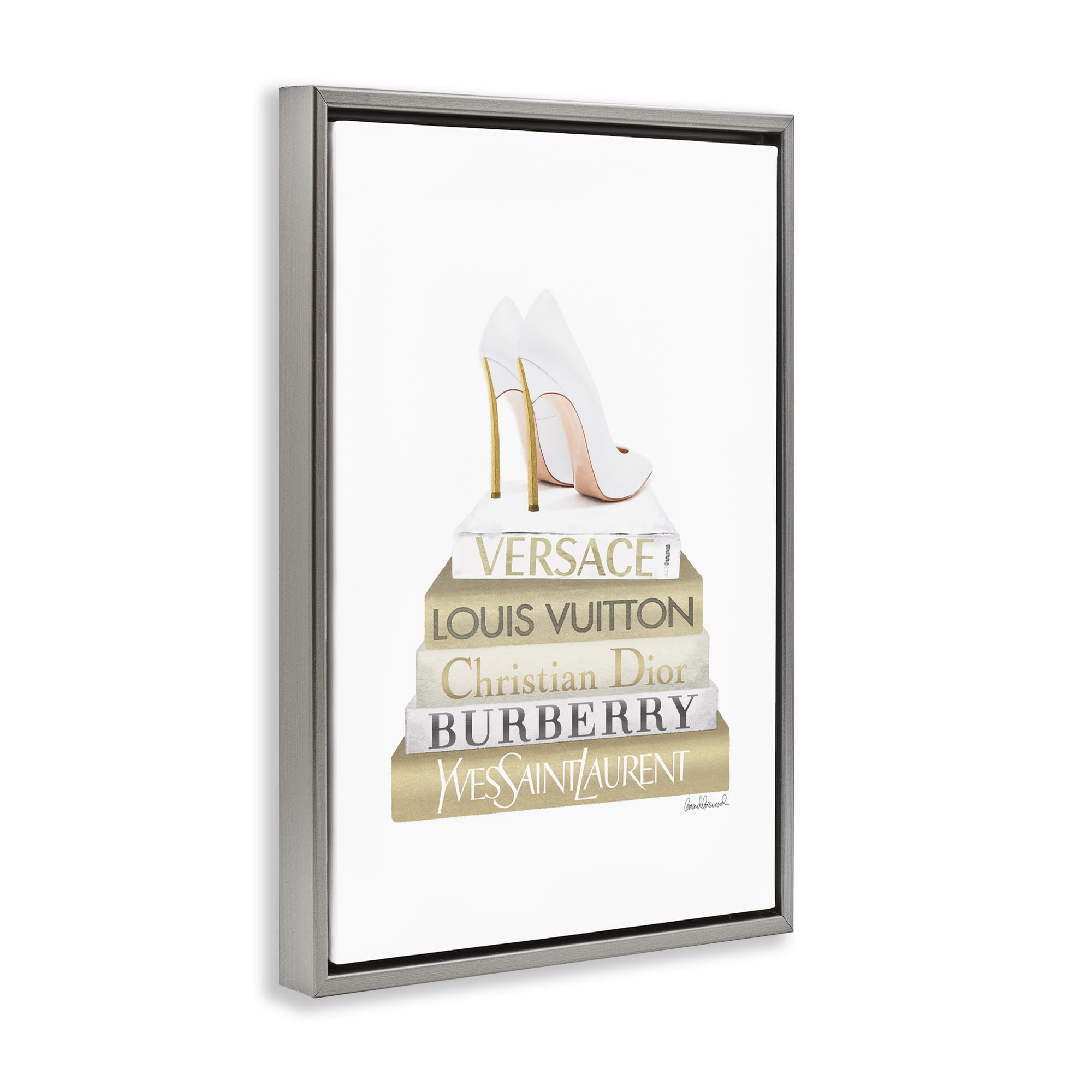 Stupell Industries Gold & White Book Stack Fashion Painting Gray Floater Framed Canvas Art Print Wall Art, 17 x 25