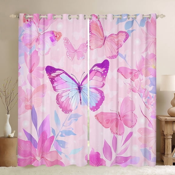 jejeloiu Chic Butterfly Black Out Curtains,Pink Plant Leaves Curtains Pack of 2 (42x63 Each),Butterflies Silhouette Bedroom Curtains For Girls,Luxury Bedroom Decor