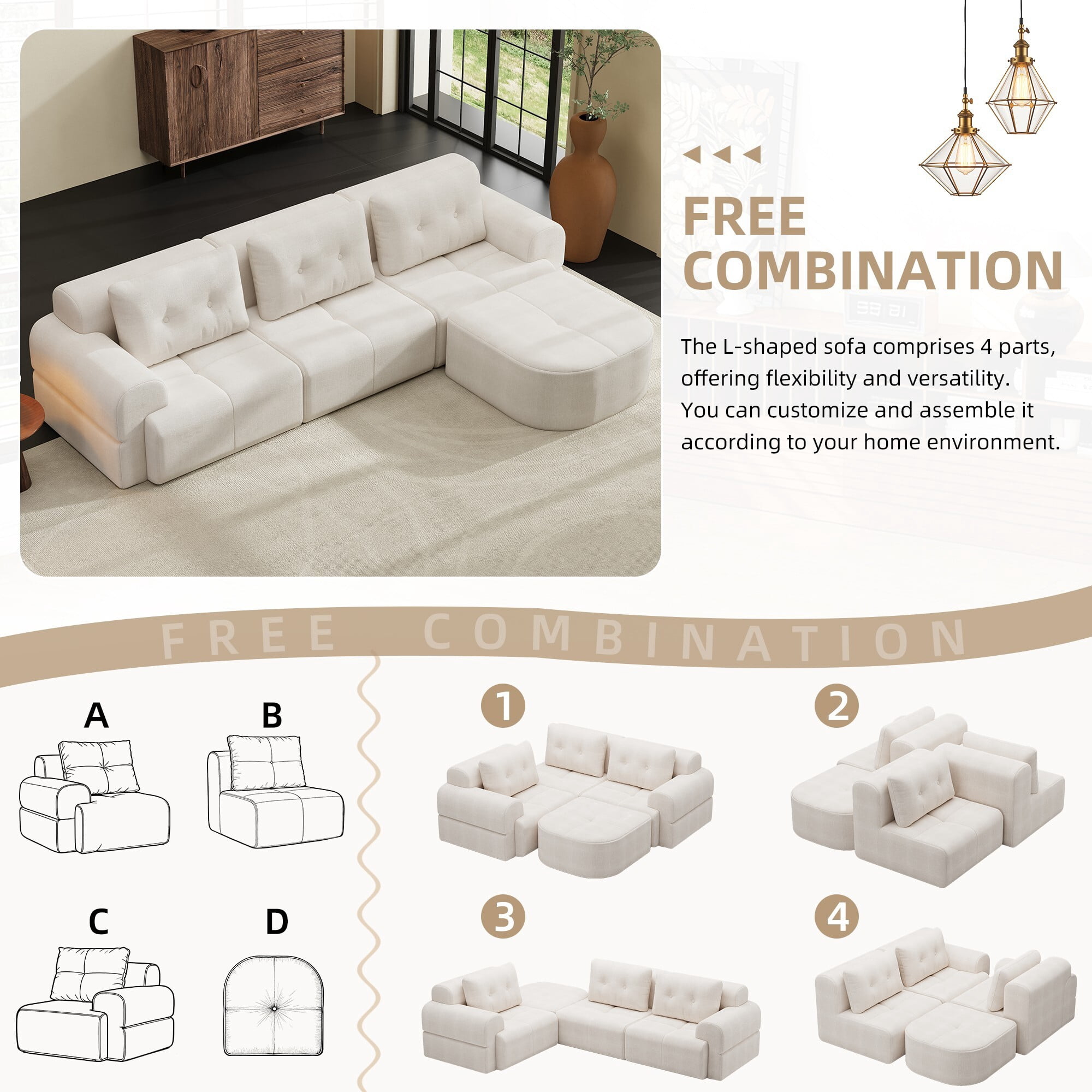 DEALTOPS 112" Modular Sectional Sofa with Ottoman, Full-Foam 3-Seat Convertible Chenille Cloud Couch, Beige