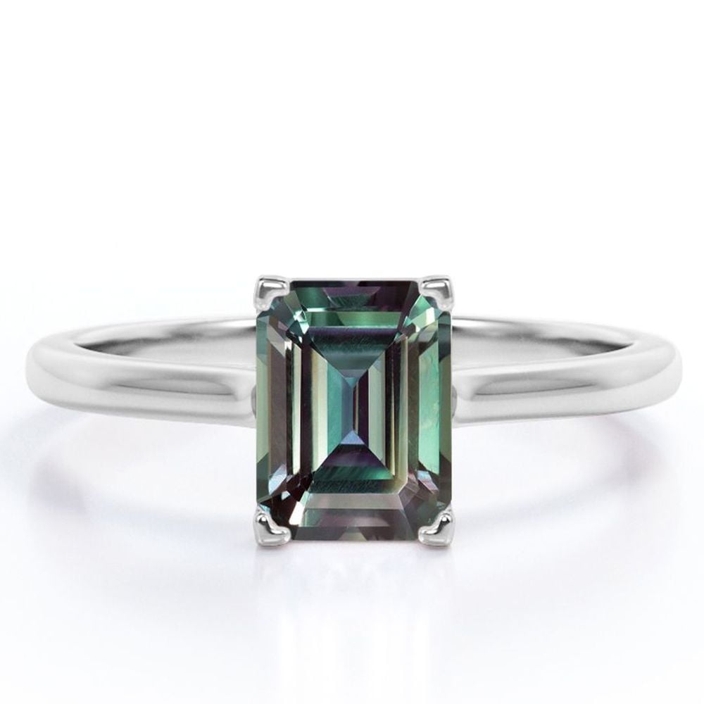 JeenMata Solitaire - 1 Carat Emerald Cut Lab Created Alexandrite - Prong Setting - Minimalist Right Hand Ring - 18K White Gold Plating over Silver