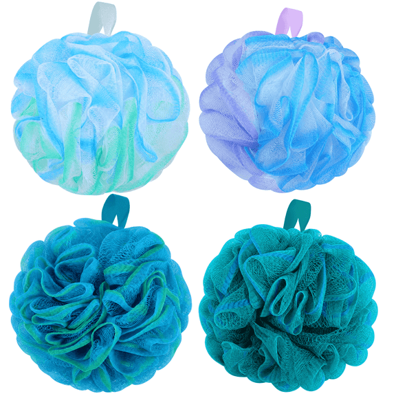 Okaka Loofah Bath Sponge Set of 4, Swirl Mix Color Mesh Pouf, Exfoliating Body Scrubber for Women & Men, Shower Luffa Puff(XL 75g)