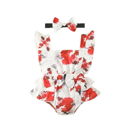 

ANYSENSETZH Toddler Baby Girls Bowknot Ruffle Frill Romper Jumpsuits Playsuit with Headband