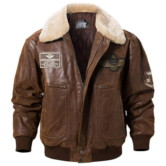 FLAVOR Men's Real Leather Bomber Jacket with Removable Collar Aviator (L, Brown)