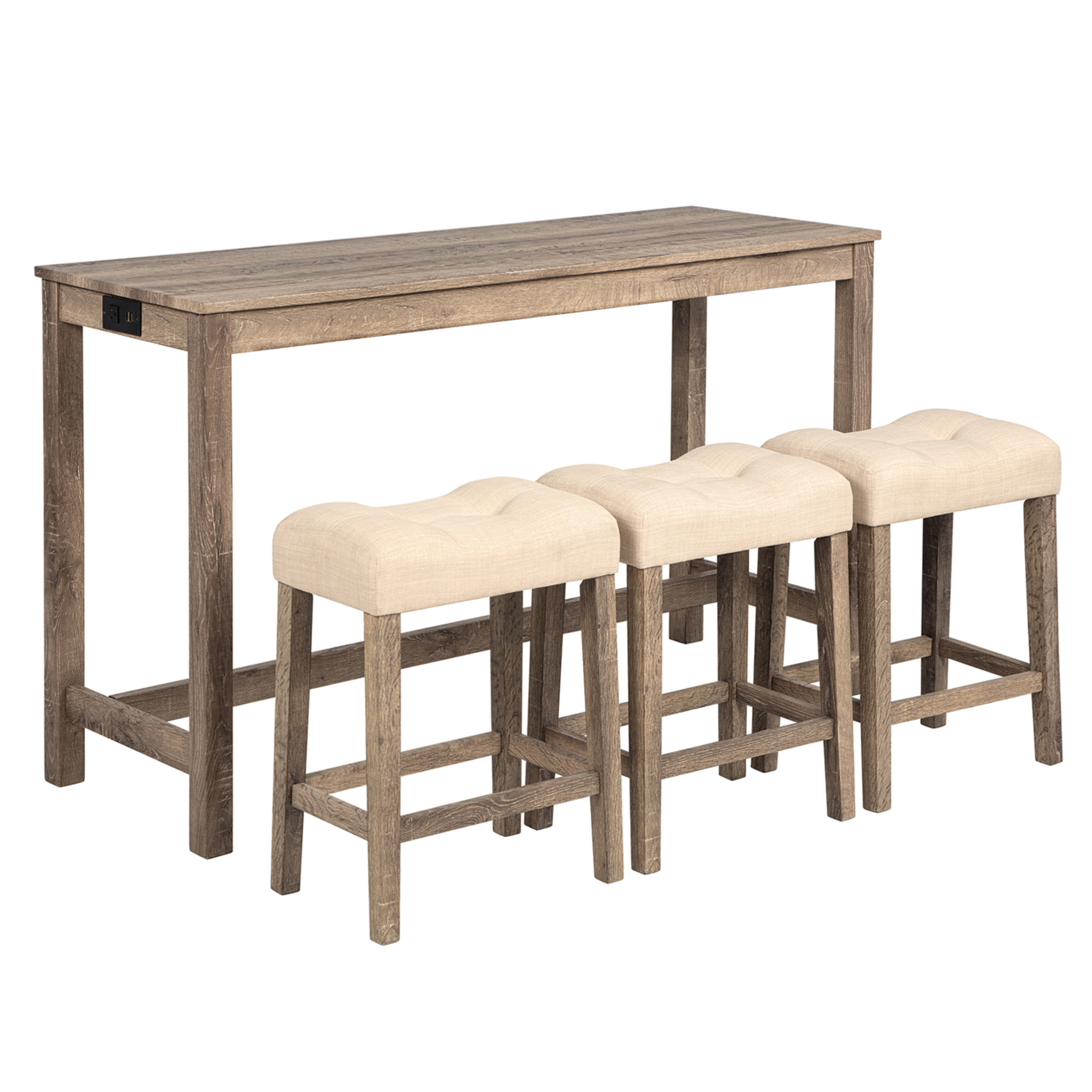 Noble House 35.5"H Dining Bar Table Set with Power Outlet, Upholstered Counter Stools for 3, Rustic Brown Finish