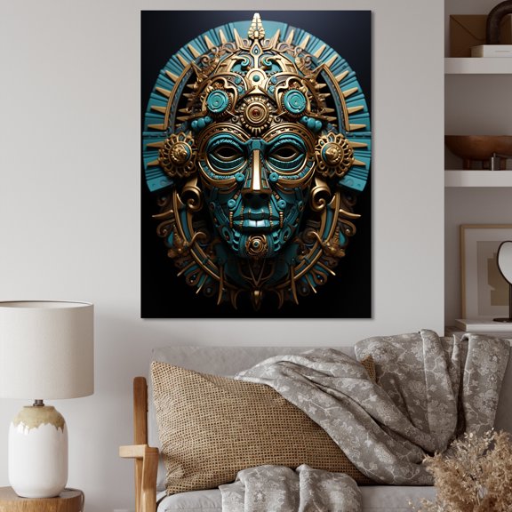 Designart "Gold Blue Mexico Vibrant Aztec Mask I" Mexico Wall Art Living Room