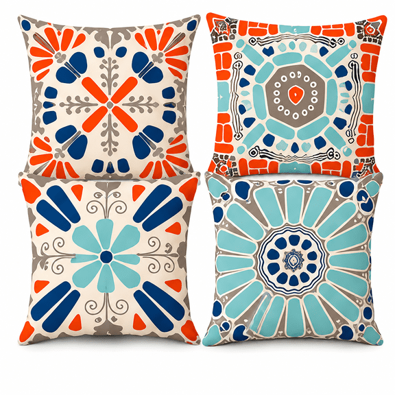 Set of 4 Boho Geometric Floral Throw Pillow Covers 16x16 Inch, Double-Sided Plush Decorative Pillow Cases, Mediterranean Tiles Style Cushion Covers for Couch Sofa Bed Living Room