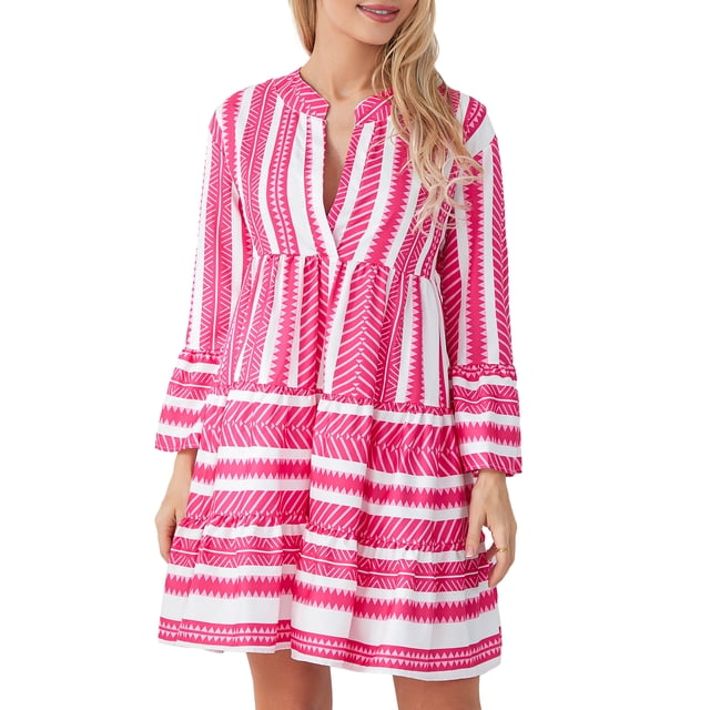 Lucakuins mujeres vestido fluido Casual contraste Color suelto cuello en V manga larga vestido de fiesta para playa cóctel Club ropa de calle Lucakuins moda